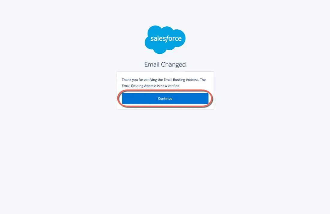 The Email Changed verification page with the Continue button highlighted.