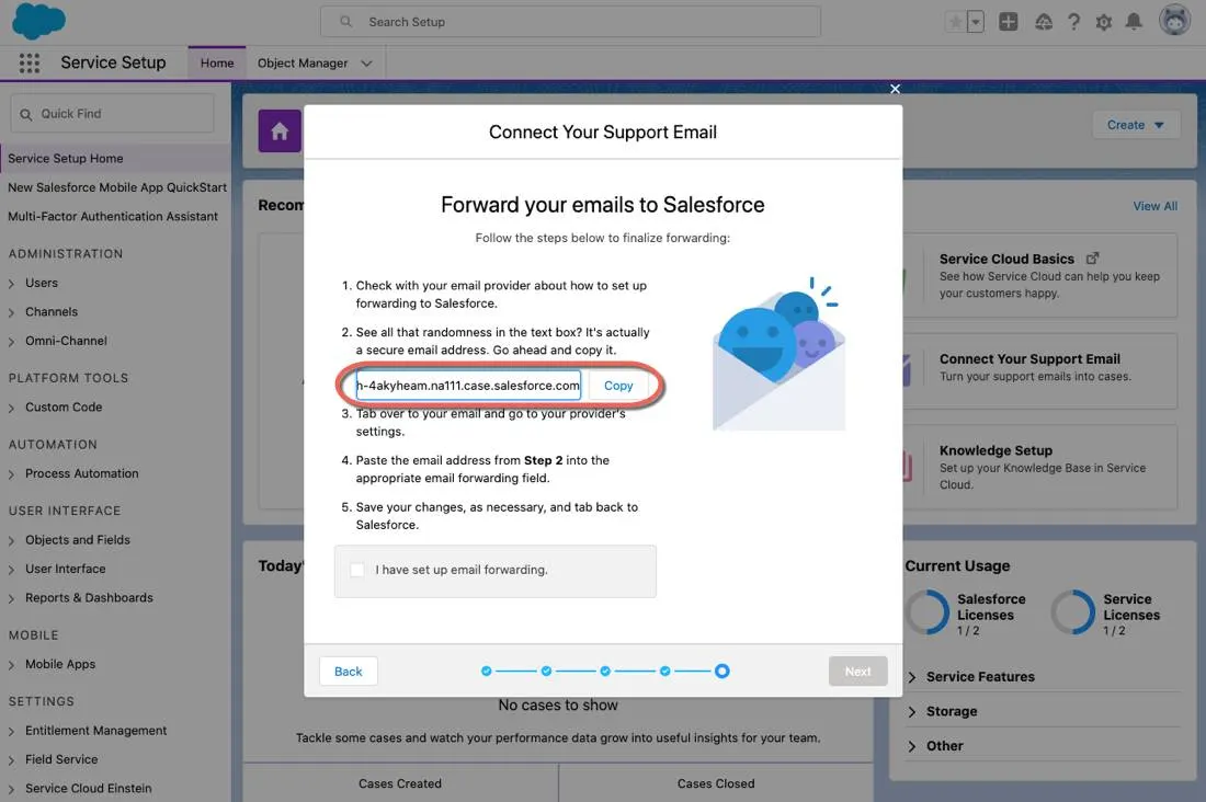 La solicitud de configuración de email con el vínculo de reenvío de email generado para copiar.