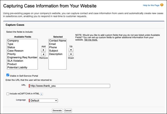 Página Web-to-Case HTML Generator (Generador HTML del Caso Web) en la configuración.