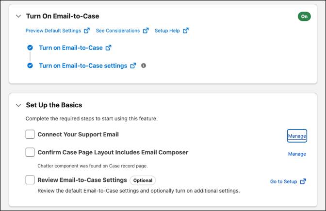 Pagina Email-to-Case (Email a caso) in Salesforce Go in cui viene mostrato il pulsante Manage (Gestisci).