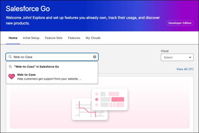 Home page di Salesforce Go in cui la funzionalità Web-to-case (Web a caso) è inserita nella casella Search Features (Cerca funzioni).