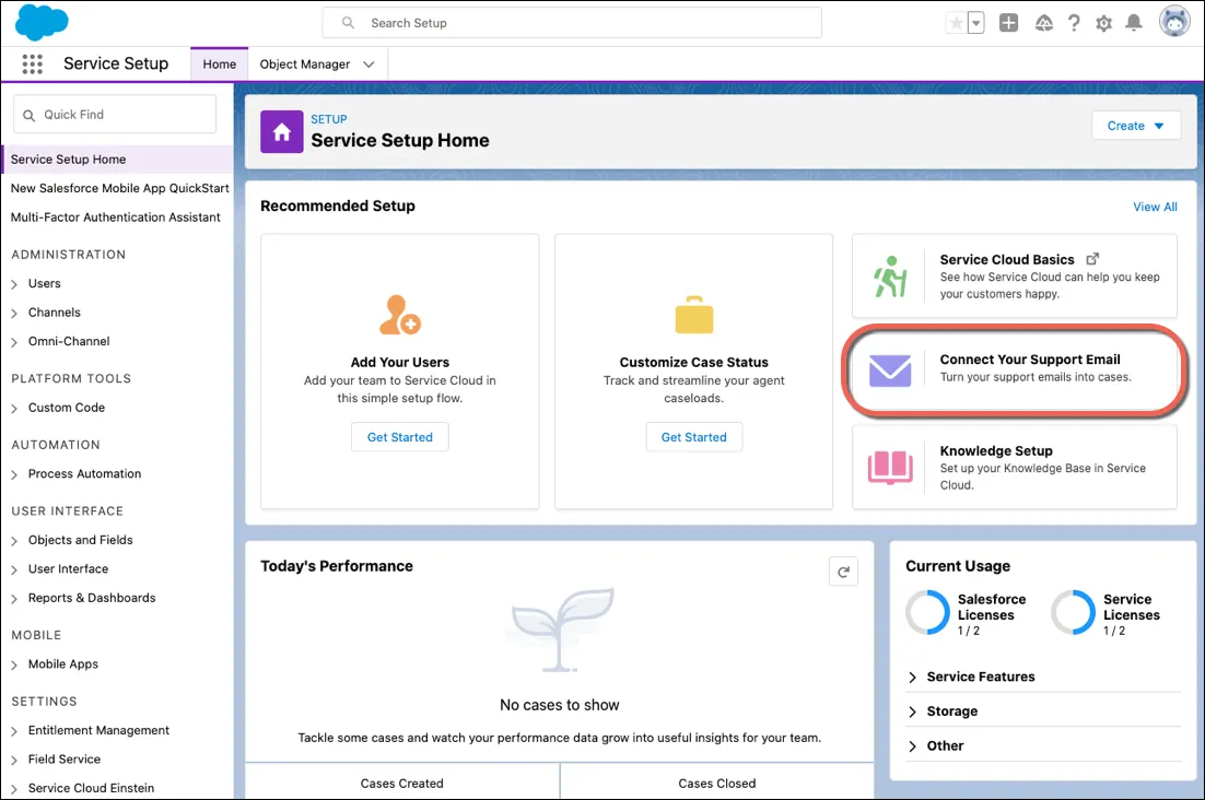 Pulsante di avvio evidenziato in Impostazione email sulla Home di Impostazione servizio.