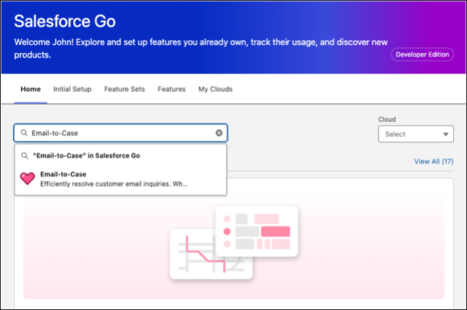 Home page di Salesforce Go in cui la funzionalità Email-to-Case (Email a caso) è inserita nella casella Search Features (Cerca funzioni).