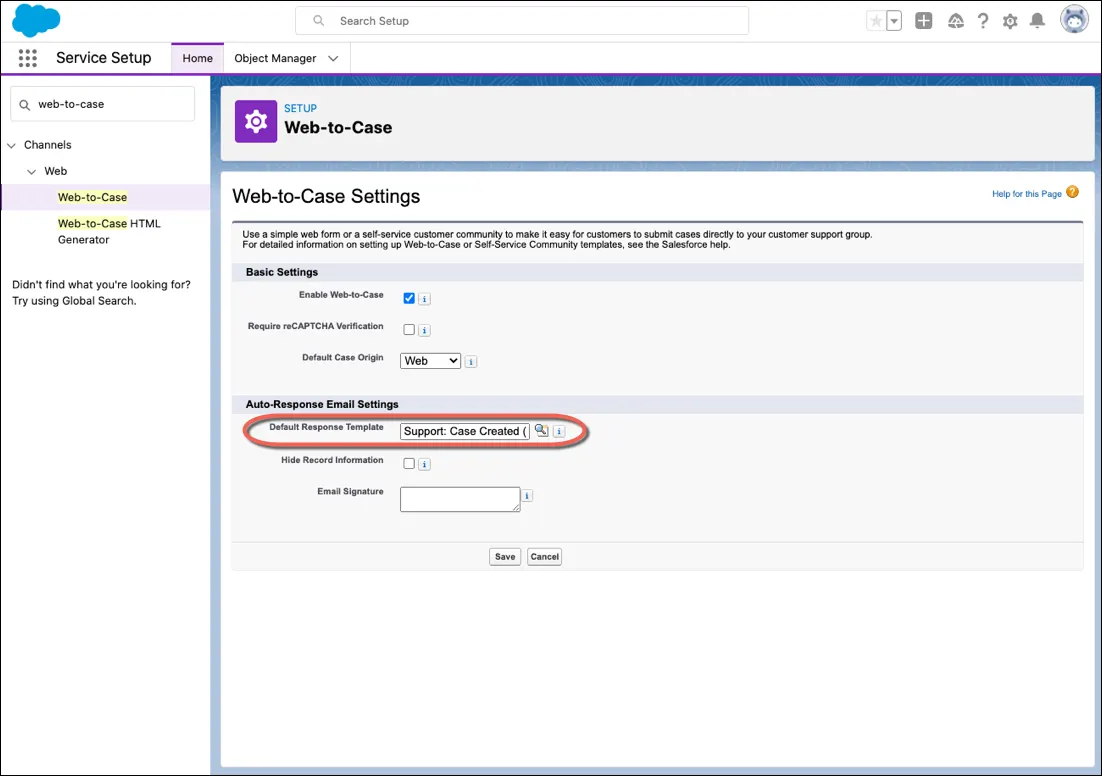 Captura de tela da página Web-to-Case no Service Setup