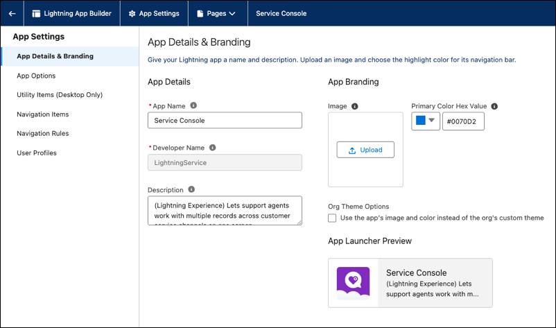 The App Builder in Setup showing a Service Console edit page.