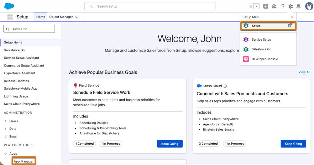 La page de configuration de Salesforce affichant le gestionnaire d’applications.