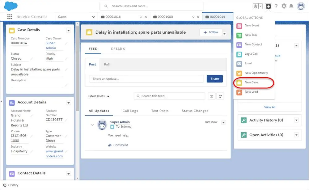 Comando New Case (Nuovo caso) selezionato dall'icona Add (Aggiungi).