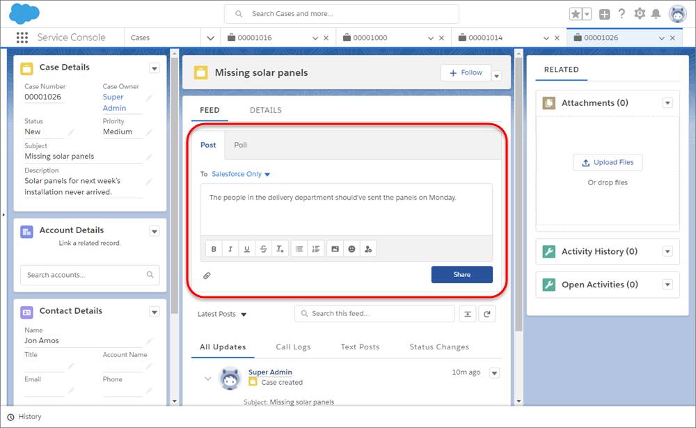 La sezione Post di un caso dove sono state digitate alcune parole.