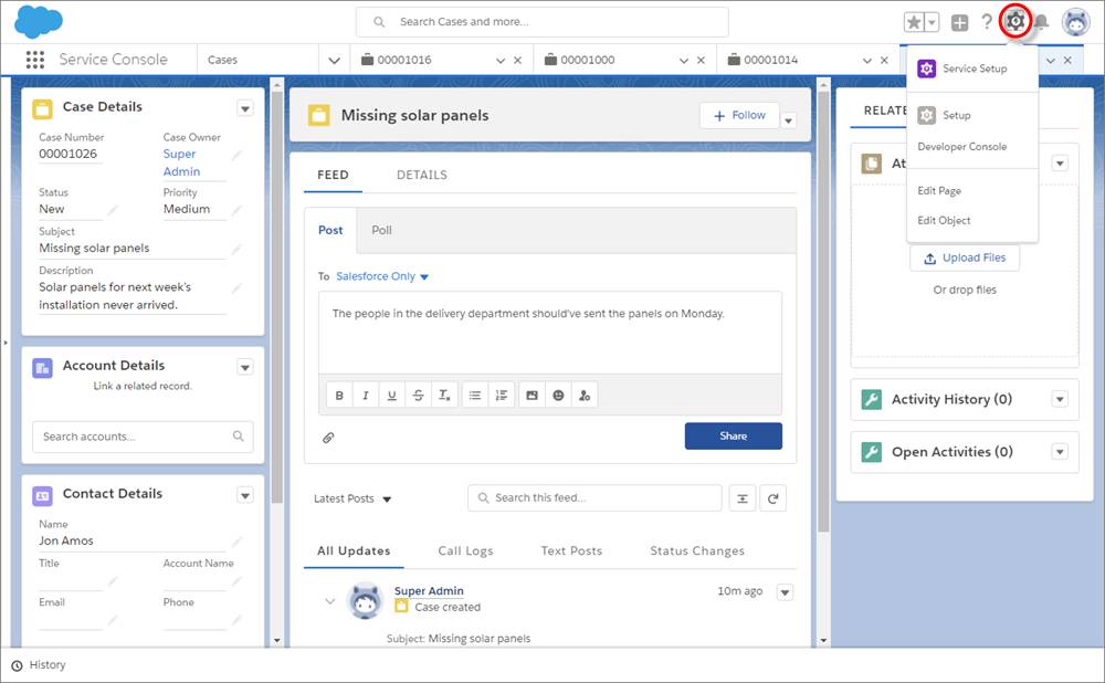 The gear icon and Service Setup selected from the toolbar.