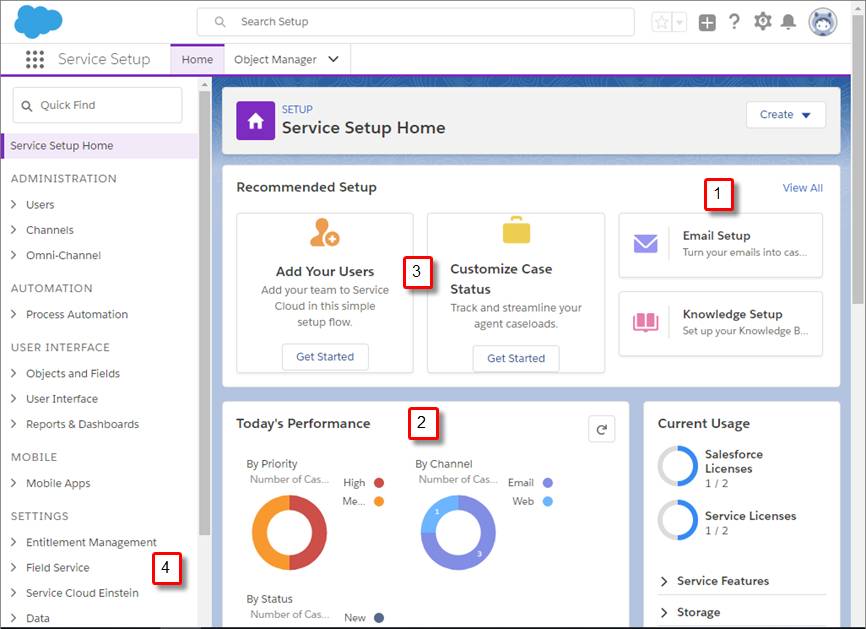 Página Configuración de Lightning Service con llamadas a ventajas clave indicadas a continuación.