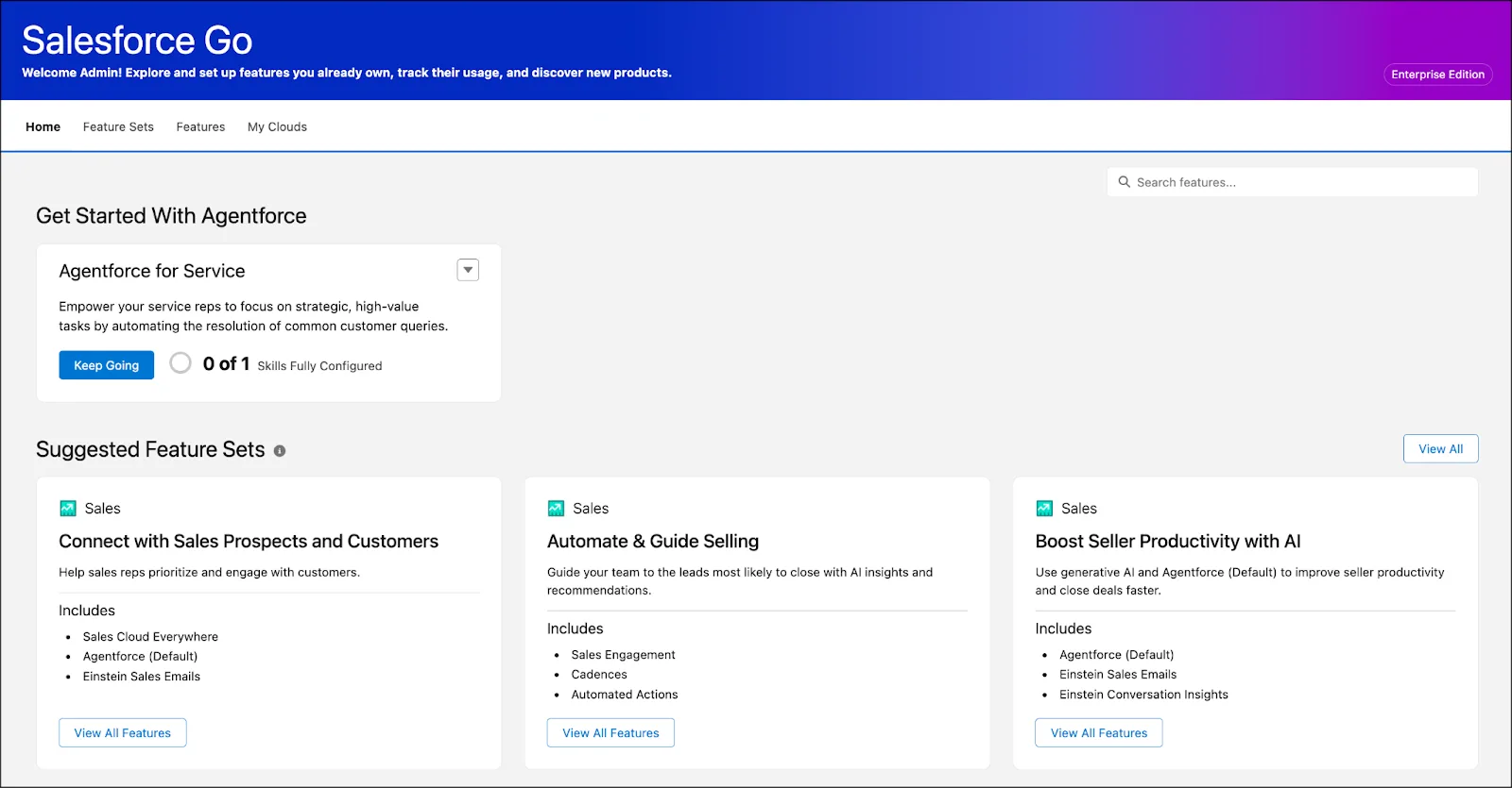 Página de inicio de Salesforce Go que muestra la configuración de Agentforce for Service.