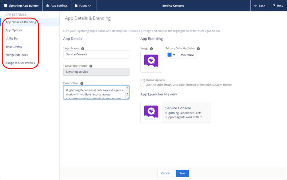 Página Modificar aplicación en Configuración con opciones de aplicación resaltadas en la parte superior.