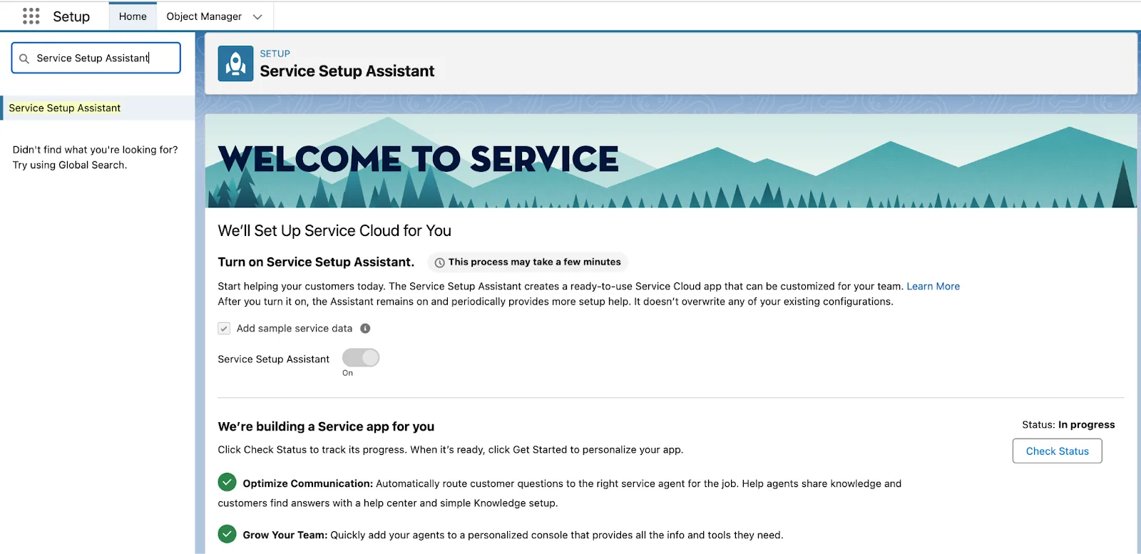 Immagine della schermata in cui viene attivato l'Assistente dell'impostazione di Service.