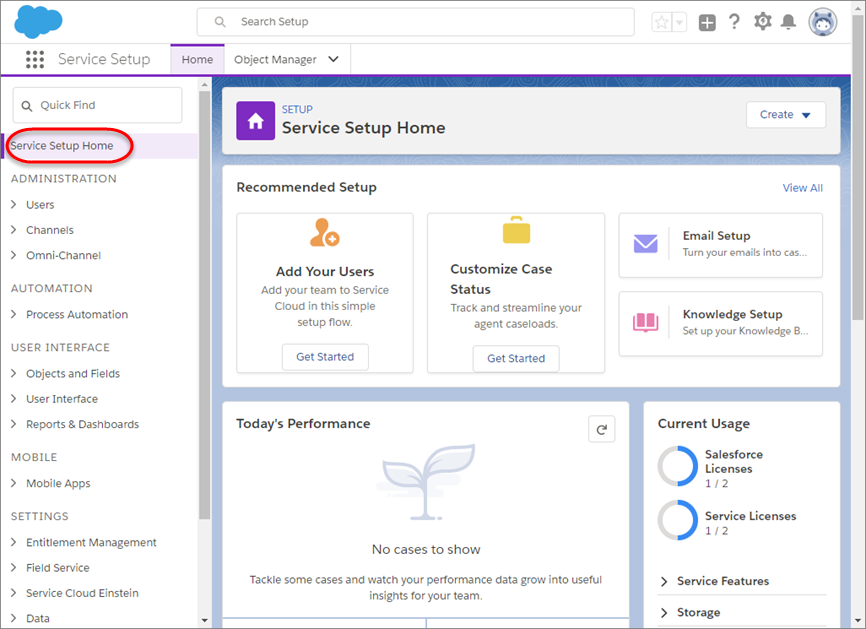 表示されたサービスの設定のホーム。