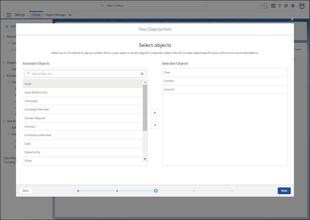 Select up to 10 objects to use as context for object-specific quick actions and action strategies.