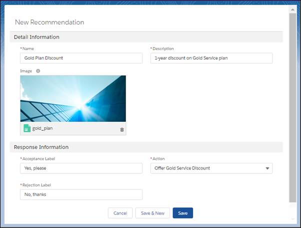 Configure las opciones de una recomendación, incluido un flujo asociado.