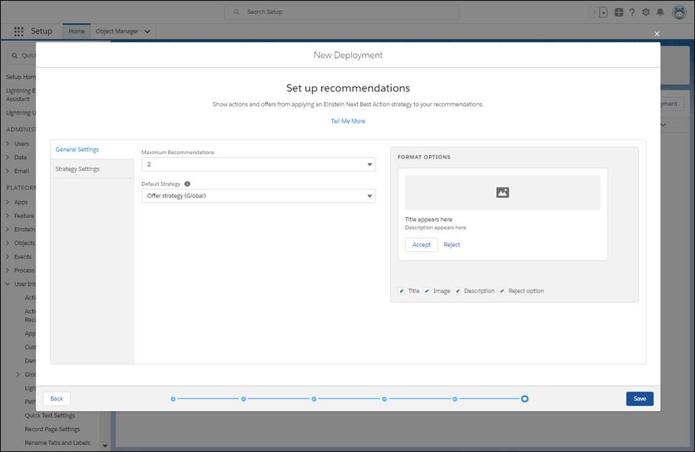 Configure cómo se muestran las recomendaciones y una estrategia de acción predeterminada.