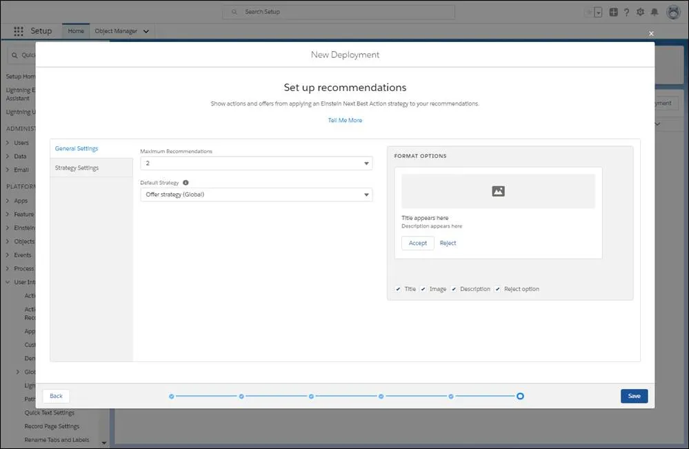 Configure el modo de mostrarse las recomendaciones y una estrategia de acción predeterminada.