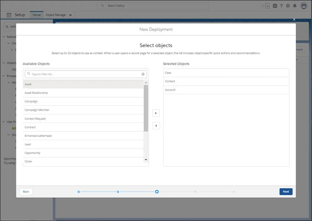 Sélectionnez jusqu’à 10 objets à utiliser comme contexte pour les actions rapides propres à un objet et les stratégies d’action.