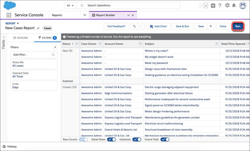 A report preview with data grouped by case status and the Run button highlighted.