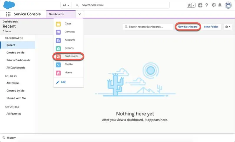 Die Anwendung 'Servicekonsole' mit Hervorhebung der Registerkarte 'Dashboard' und Schaltfläche 'Neues Dashboard'