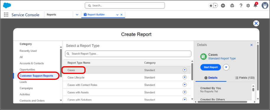 Das Dialogfeld 'Berichtstyp wählen' mit Hervorhebung von 'Kundensupportberichte' und 'Kundenvorgänge'.