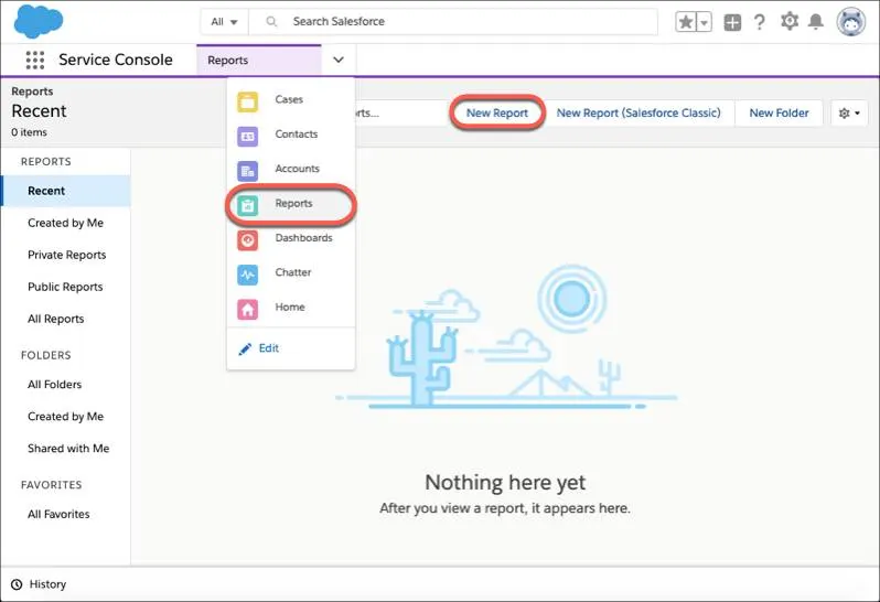 Onglet Rapports et bouton Nouveau rapport mis en évidence dans l’application Console de service.