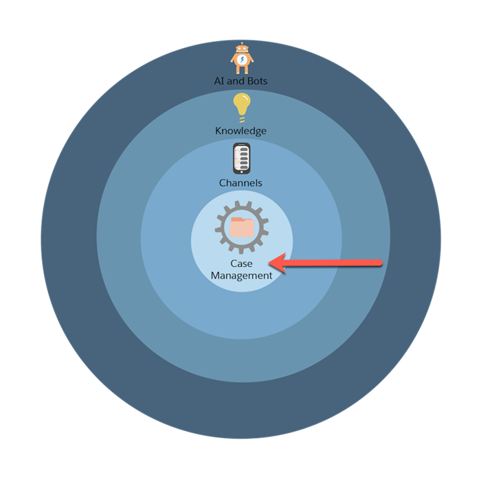 Graphique représentant le processus de configuration de Service Cloud se composant de quatre cercles concentriques, avec une flèche rouge pointant vers le cercle de gestion des requêtes.