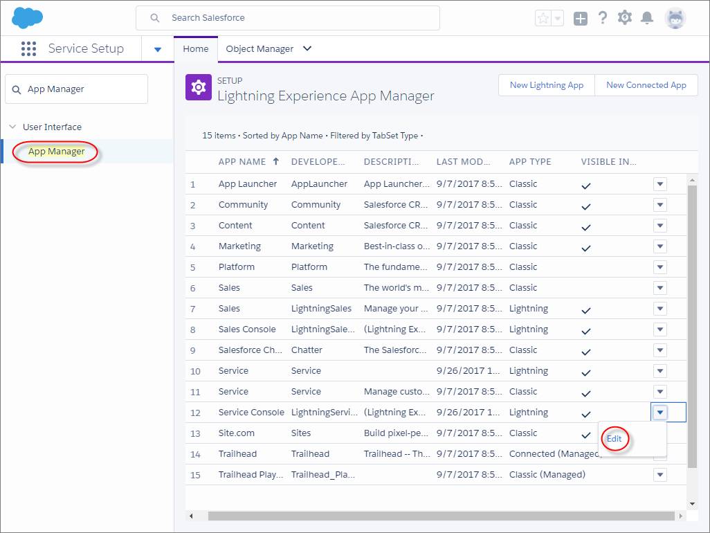 The App Manager page in Setup in Lightning Experience with the Edit button highlighted next to a Service Console app.