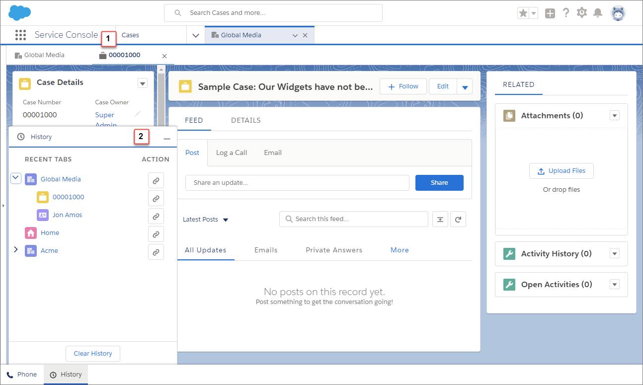 The Lightning Service Console in Lightning Experience with the History utility appearing in the utility bar on the footer.