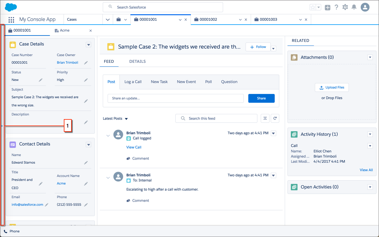 A Service Console in Lightning Experience with the split view arrow highlighted on the left of the screen.