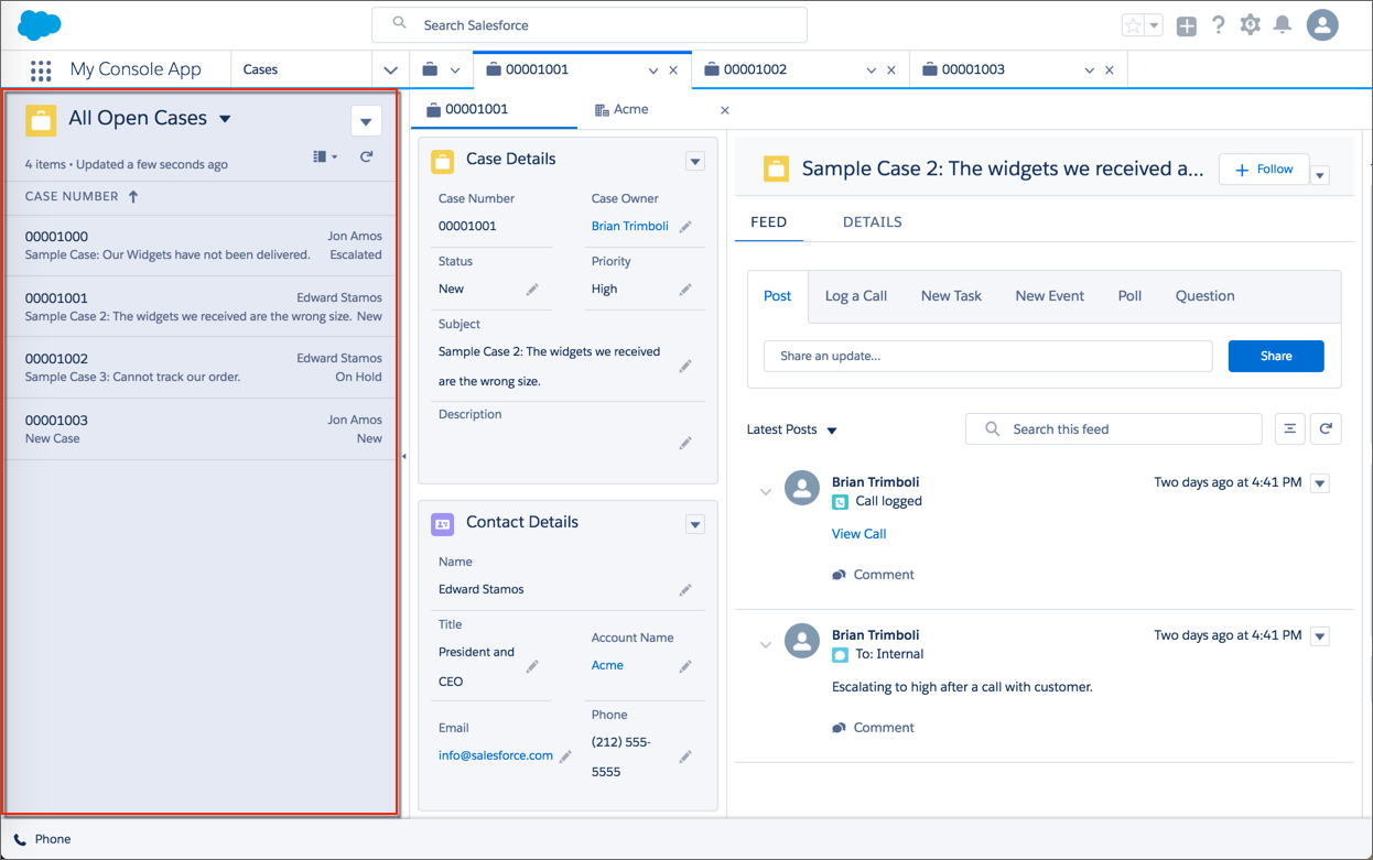 A Service Console in Lightning Experience with the split view displaying a list of cases on the left of the screen.
