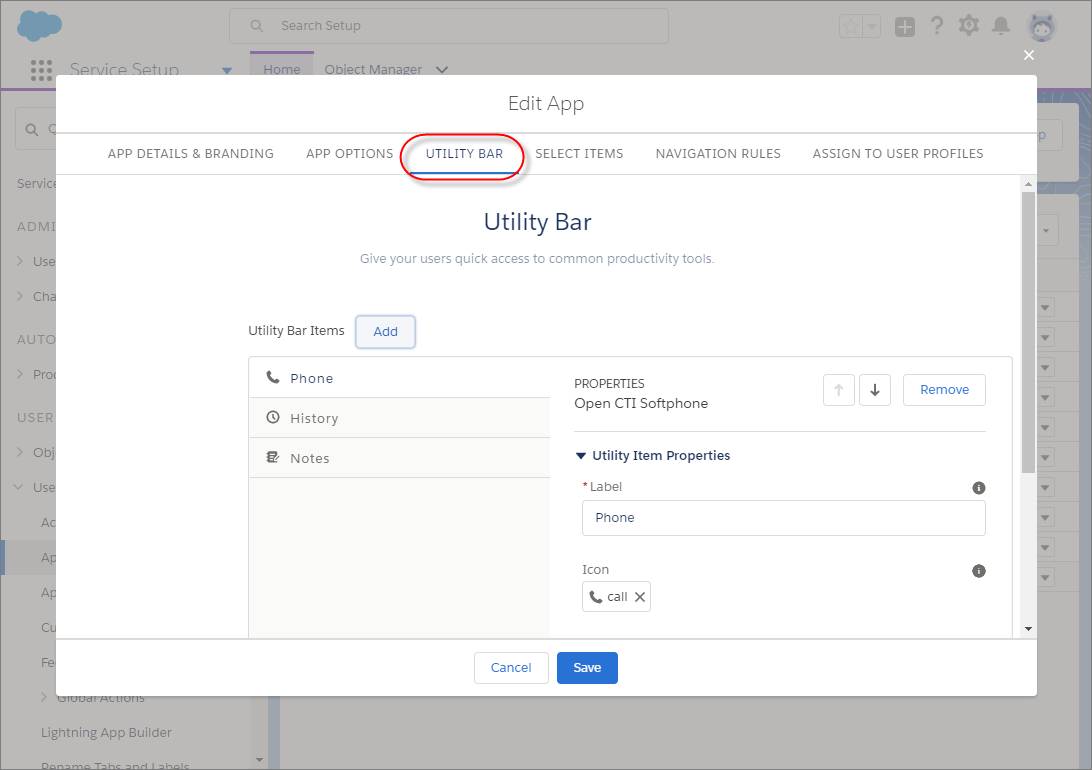 The Edit App overlay in Setup in Lightning Experience with the Utility Bar tab highlighted.