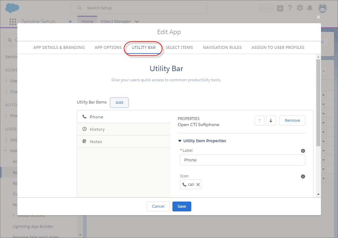The Edit App overlay in Setup in Lightning Experience with the Utility Bar tab highlighted.