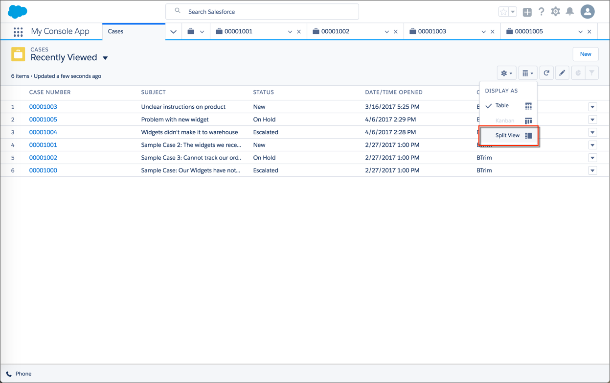 A Service Console in Lightning Experience with the table view displaying a full page list of cases with the Display As dropdown showing the Split View option.