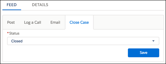 A Close Case publisher action on case feed in Lightning Experience.