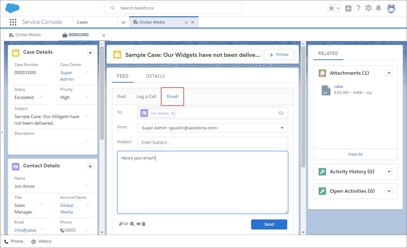 A Lightning Service Console app in Lightning Experience with a Send Email quick action on a case feed.