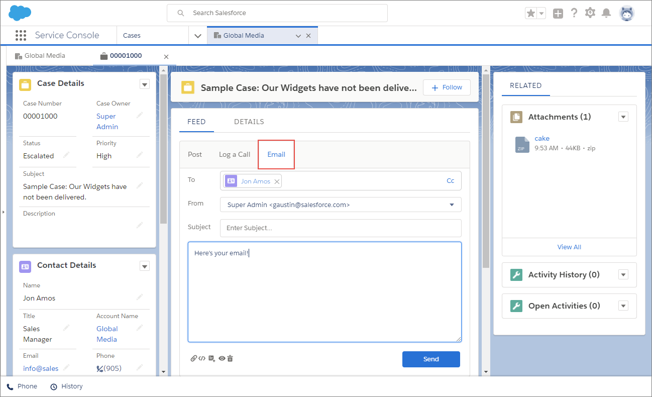 A Lightning Service Console app in Lightning Experience with a Send Email quick action on a case feed.