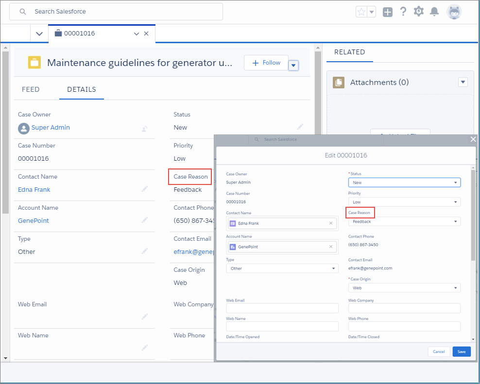A case in a Lightning Service Console with Case Reason moved under Priority on both the Details tab and an edit overlay.