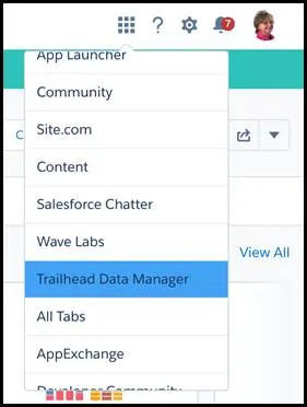 Gestor de datos de Trailhead en el selector de aplicaciones