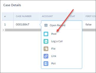 メニューの Chatter への投稿アクション