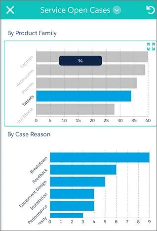 Image of phone app with a graphs of filtered open cases.