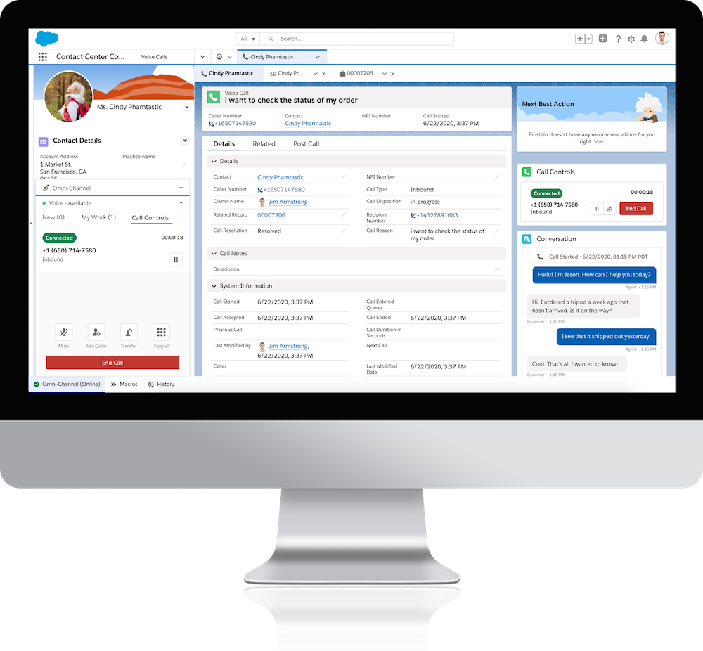 A service console with a customer’s data and phone channel 