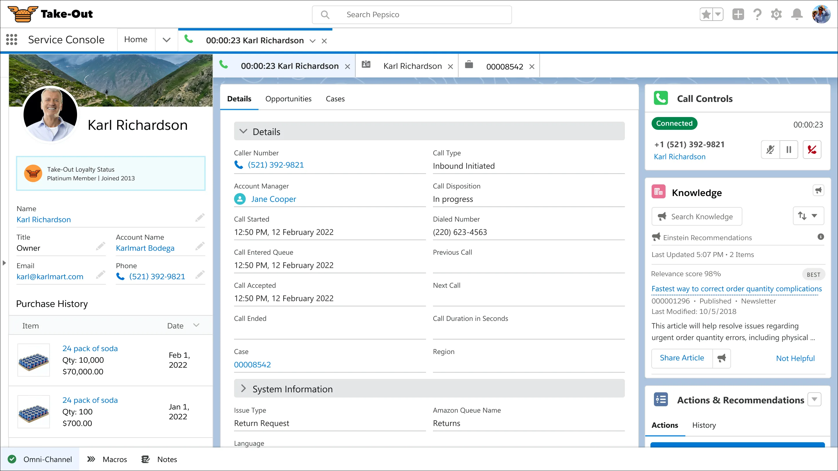 A case and Knowledge article in the Service Console.