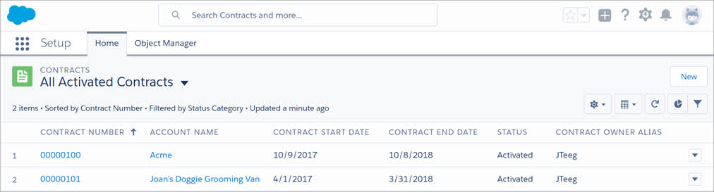 Contracts list view with the 'New' button.