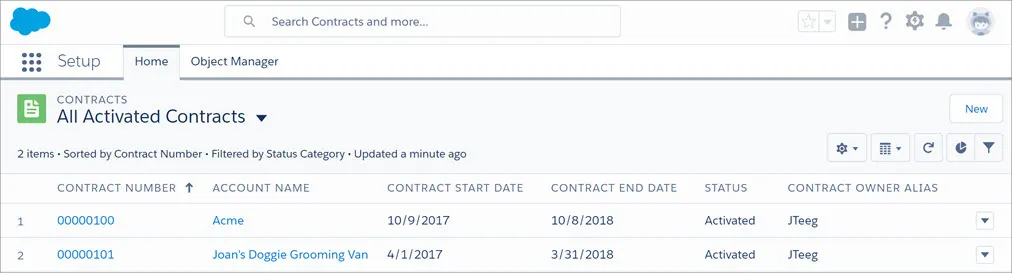 Contracts list view with the 'New' button.