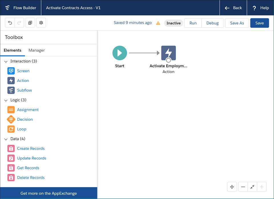 L’interface de Flow Builder, avec une action permettant d’activer un ensemble d’autorisations basé sur la session.