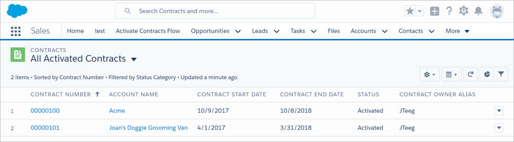 Modo de exibição de lista de contratos sem o botão “Novo”.