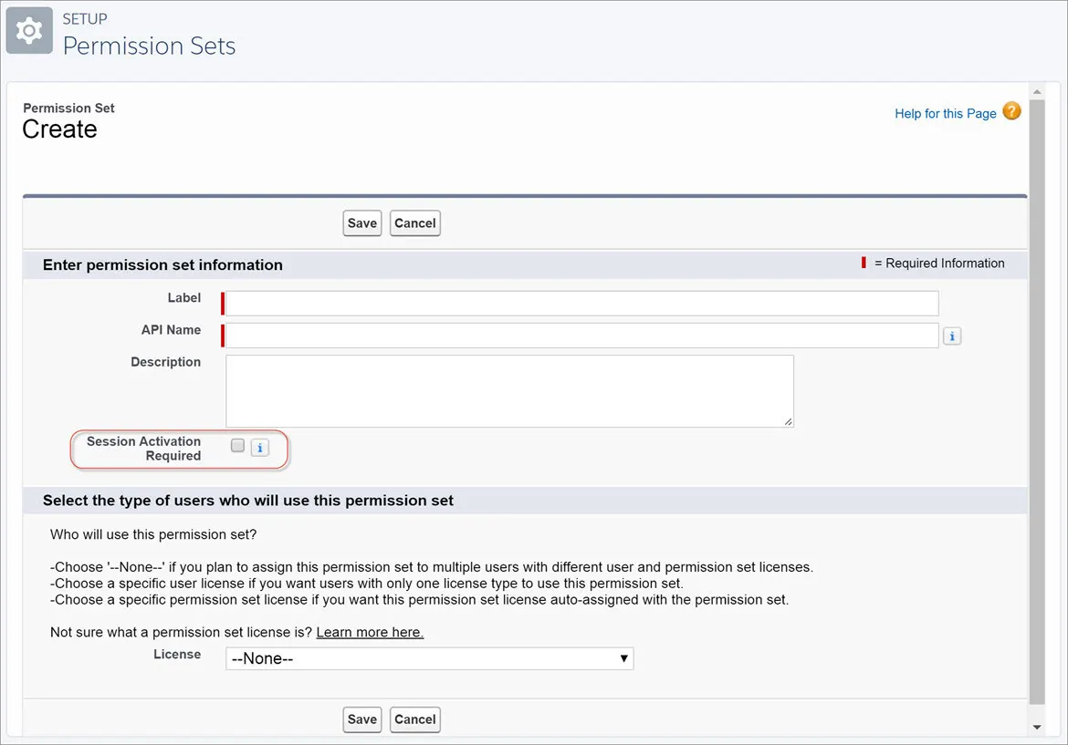 The permission set creation screen, with the Session Activation Required option highlighted.