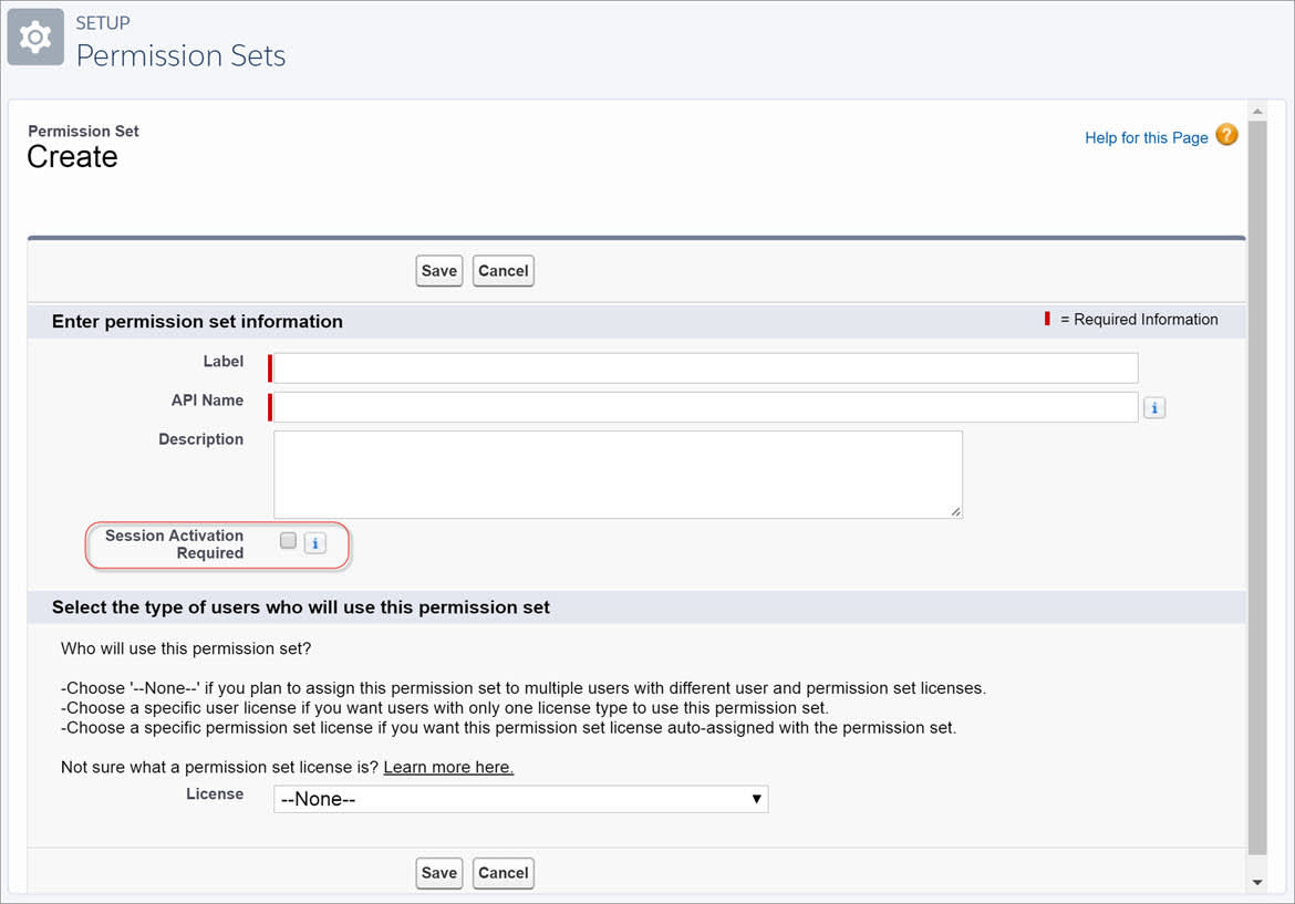 L’écran de création de l’ensemble d’autorisations, avec l’option Activation de session requise en surbrillance.